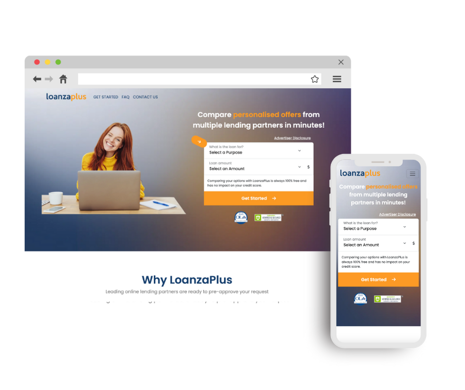 LoanzaPlus website on desktop and mobile
